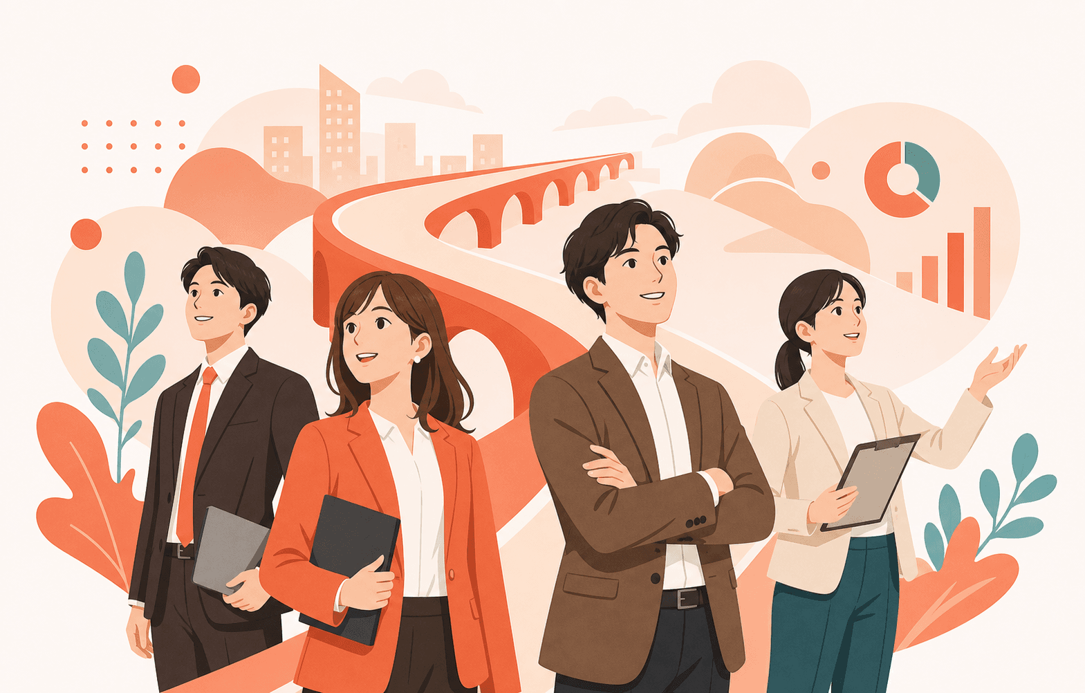 営業チームのメンバーが前向きな表情で立っているイラスト